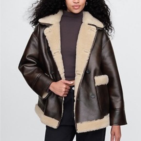 GAP Dark Brown Shearling Puffer Jacket - Picture 2 of 7